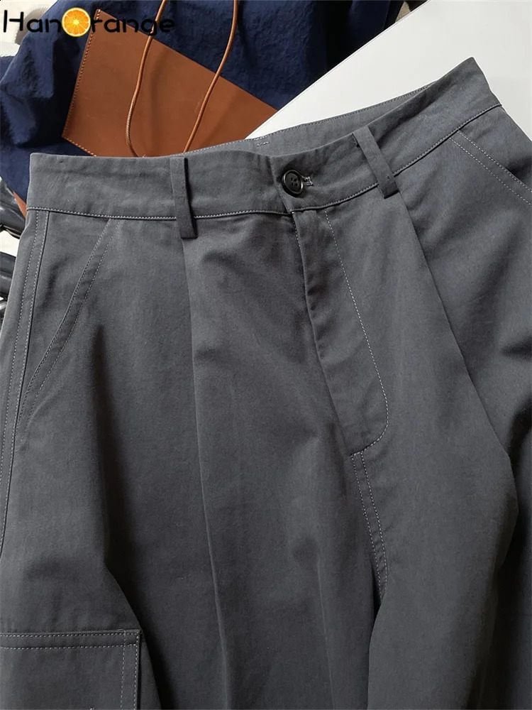 HanOrange Retro Large Pocket Cargo Pants Womens Spring High Waist Wide Leg Loose Trouser Military GreenSmoke Grey 240821