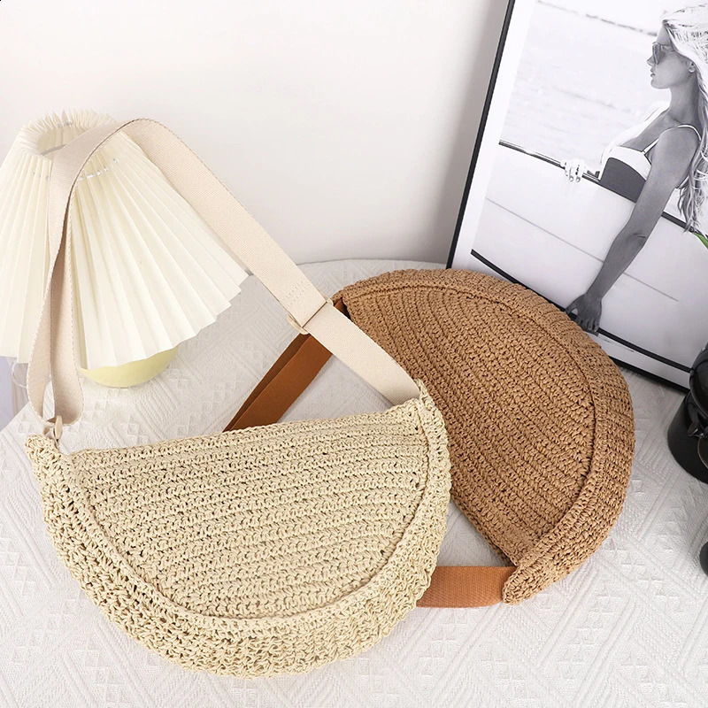Casual Halfmoon Straw Crossbody Bags Handmade Weave Hobo Shoulder Summer Beach Small Tote Purses 2024 Vacation 240821