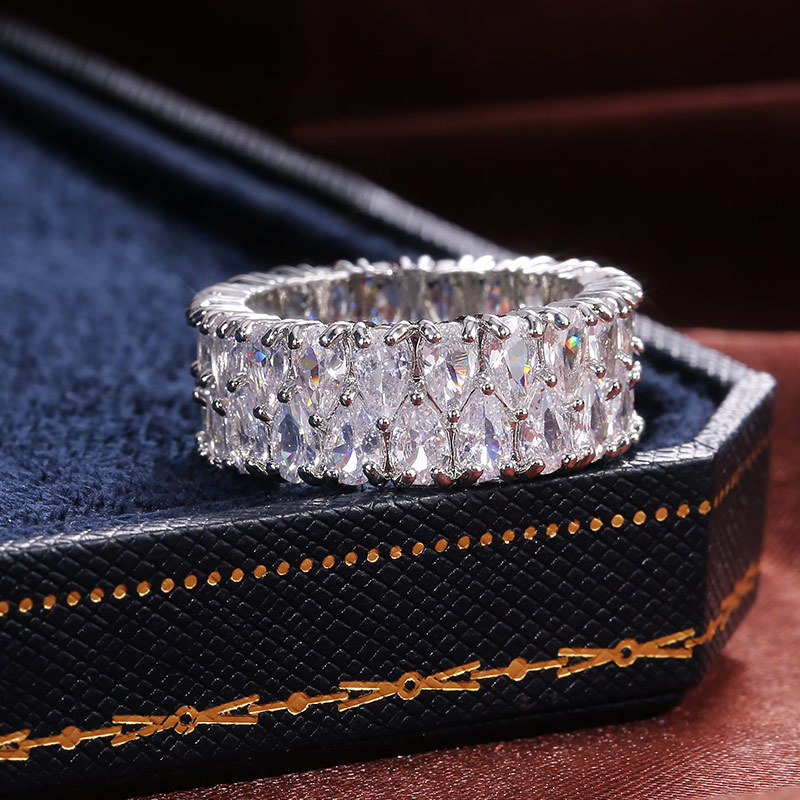 Hip Hop TopBling Zircon Double Row Ring White Gold Plated Jewelry Men Women Gift