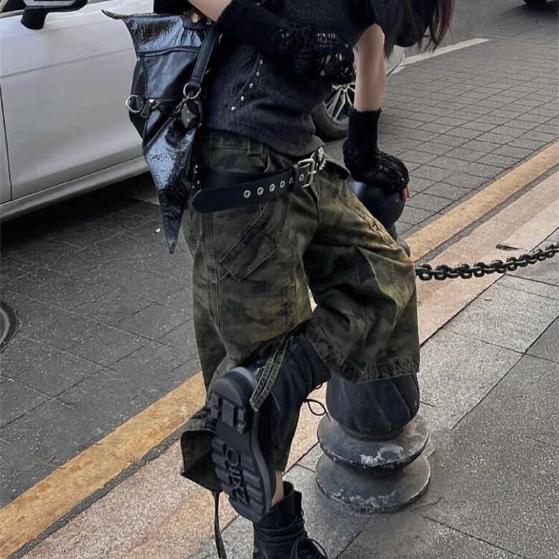 Summer Women American Vintage Japanese 2000s Camo Jorts Jean Shorts Knee Length Denim Pants Y2k Streetwear Harajuku Punk Baggy 240821