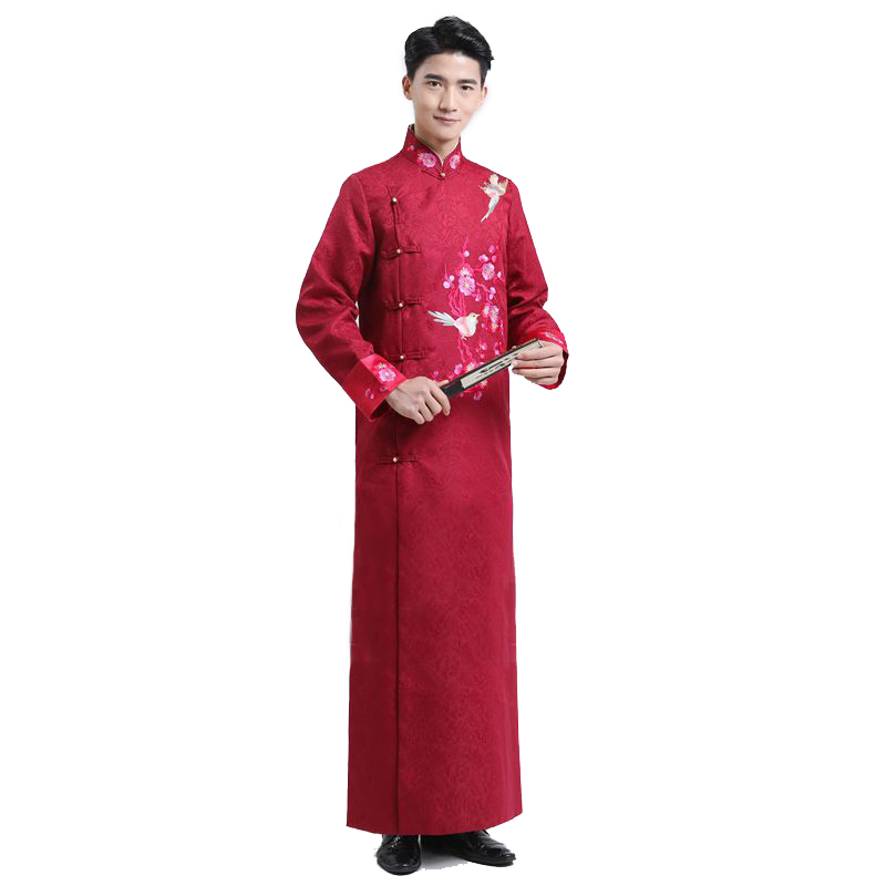 Traditional stand Collar Men ethnic Wedding clothing Bridegroom Embroidered ancient Chinese cheongsam male long gown Vestidos