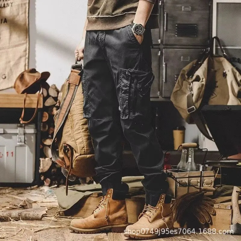American Retro Outdoor Hip Hop Workwear Pants For Mens Trendy Elastic Waist Zipper Simple Large Pocket Tied Casual Pants 240822