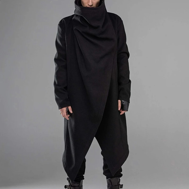 Mens Long Sleeve Solid Color Fashion Scarf High Collar Premium Trench Jackets Street Trend Style Baggy Warm Outerwear Male 240822