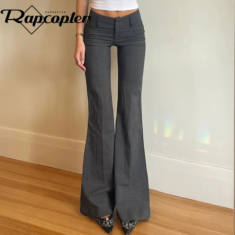 Rapcopter Grey Low Waist Pants Pockets Slim Flare Trousers Women Vintage Basic Casual Office Ladies Pants Harajuku 240821