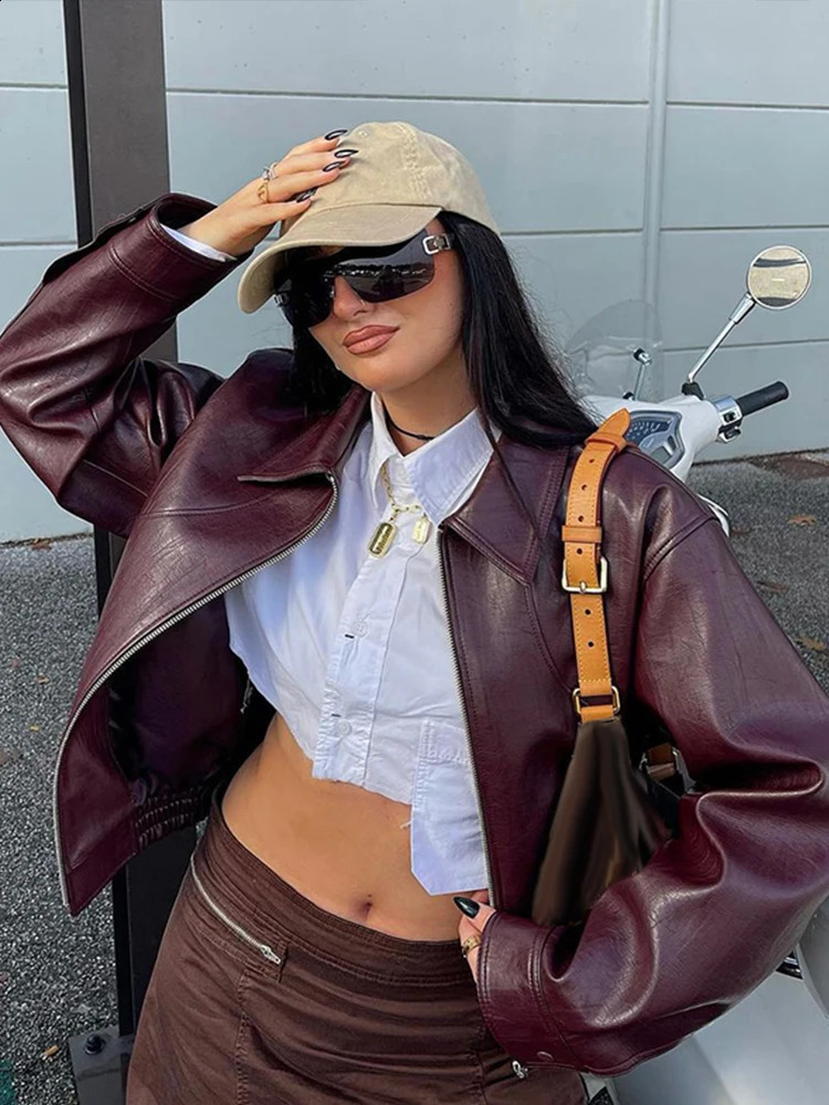 Vintage Wine Red PU Leather Jacket for Women Casual Long Sleeve Turn Down Collar Coat Autumn Long Sleeve Zipper Jackets 240821