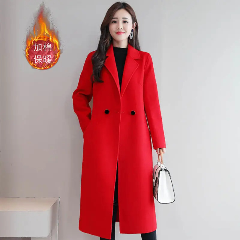 Thick Woolen Coat Womens Autumn Long Loose Coat Female Warm Winter Single Breasted Overcoat Red Fashion 25 240822