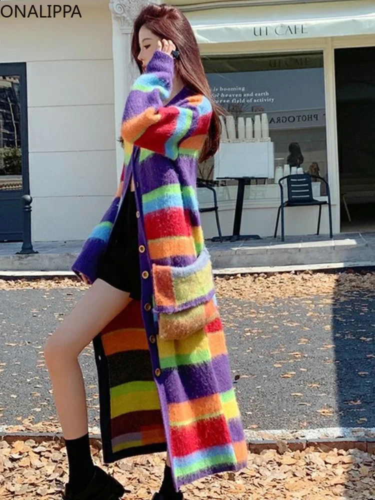 Onalippa Contrast Rainbow Color Knitted Long Cardigan Women Single Breasted Long Sleeves Cardigans Korean Chic Sweater 240814