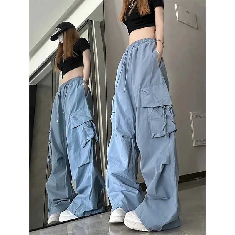 MEXZT Cargo Pant Women Y2k Streetwear Casual Wide Leg Trousers American Hip Hop High Waist Big Pockets Lace Up Loose Lady Pants 240821