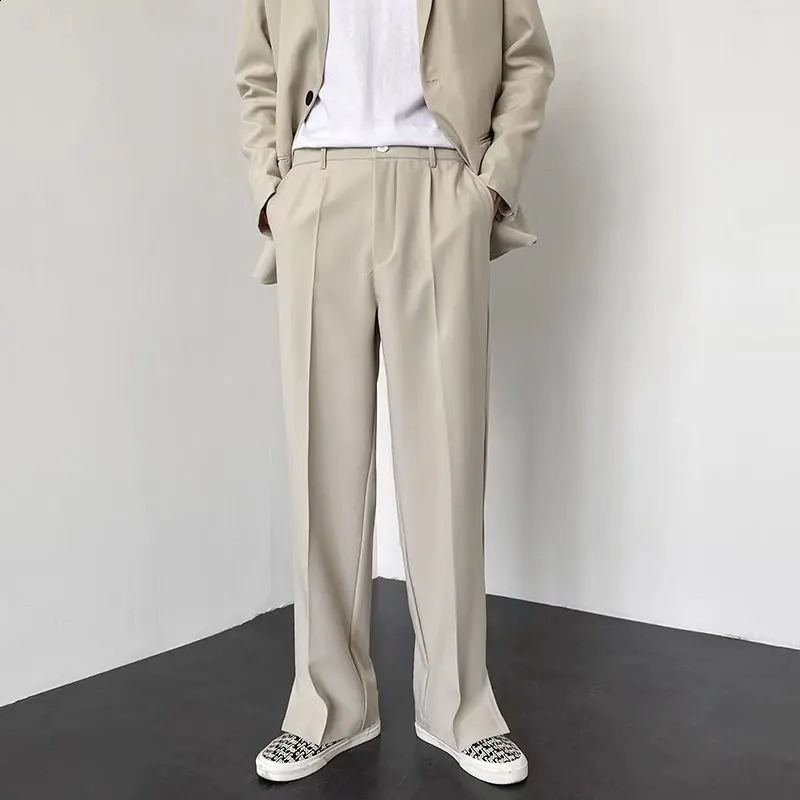Men Straight Casual Pants Summer Korean Style Baggy Personality Slit Wide Leg Blazer Pants Trousers Male Streetwear 240822