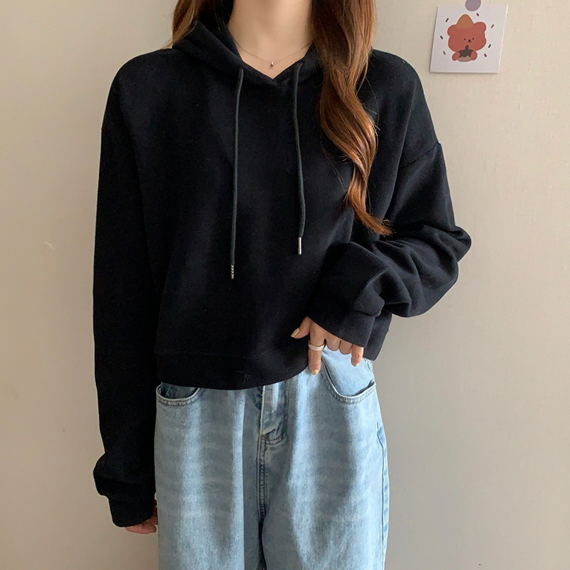 College solid color simple loose slimming short long sleeved sweatshirt for women Spring and Autumn new style pullover hooded top dongdumaoyi