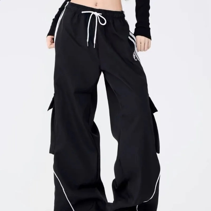 Deeptown Y2K Black Striped Women Cargo Pants Korean Fashion Wide Leg Baggy Trousers Streetwear Autunm Harajuku Hip Hop Oversized 240821