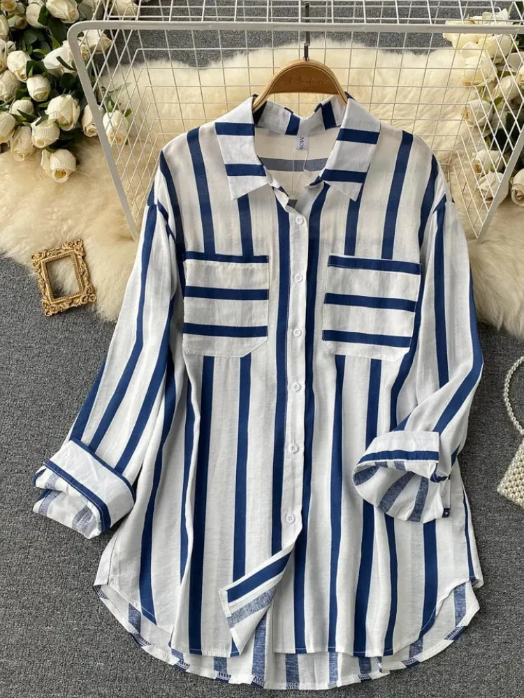Fashion Woman Blouse 2023 Medium Length Vertical Stripe Shirt Jacket for Womens Korean Casual Loose Fitting Elegant Top 240821