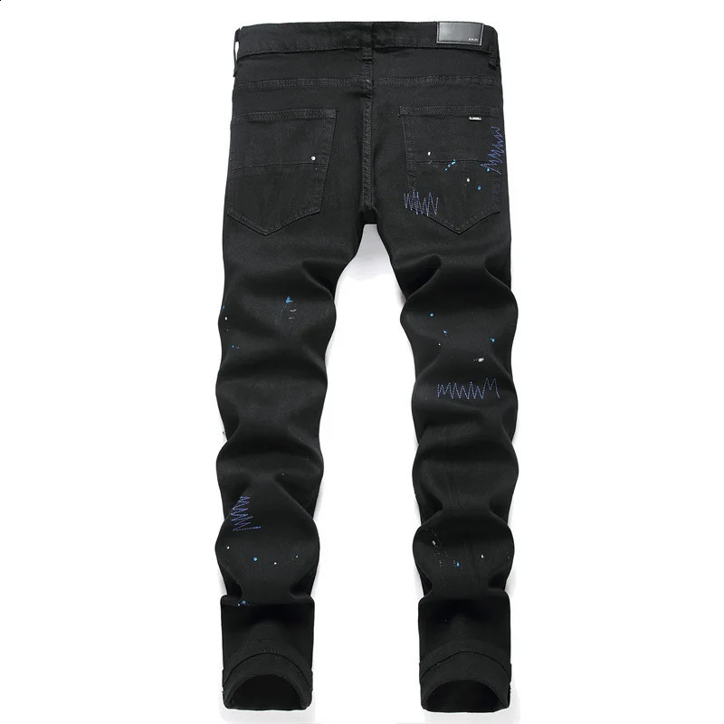 Mens jeans 3109 ripped patch black trend stretch slim legs personalized mens pants 240809