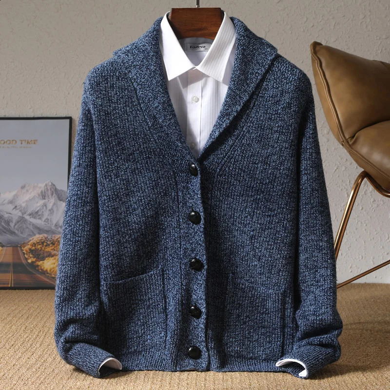 Autumn and winter 100% pure cashmere knit cardigan mens anti-collar solid color padded sweater with business and leisure co 240821
