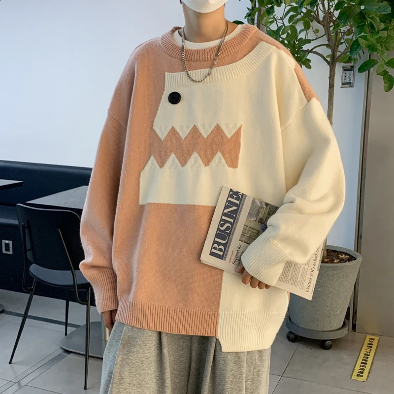 Autumn Winter Mens Knitted Sweater Cartoon Dinosaur Pullovers Oversized Jumpers Women Hip Hop Knitwear Vintage Sweaters E111 240821