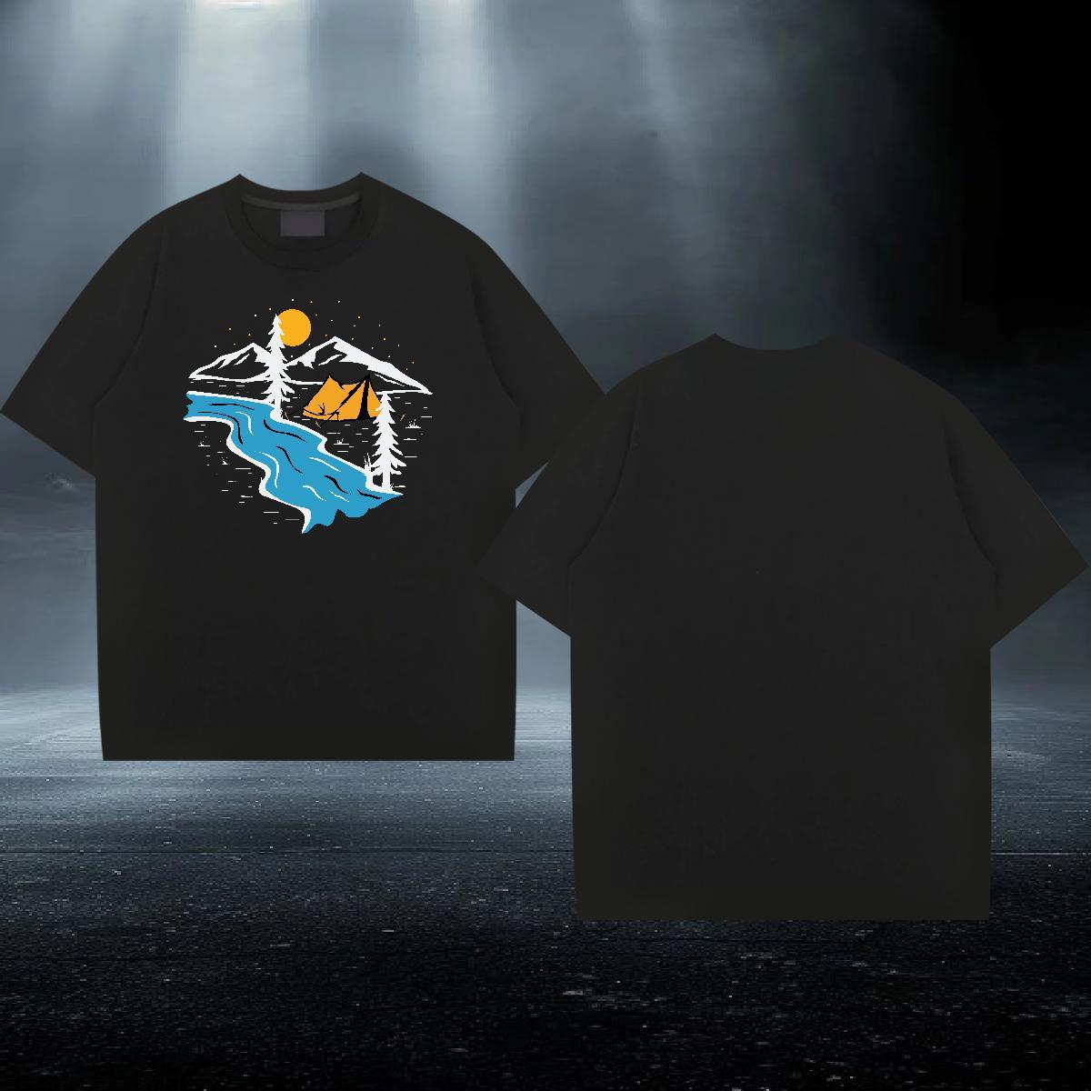Classic Couples T Shirts Daily Wear 230g 100% Cotton Cartoon Print Pure Cotton mountains T Shirts Men Fashion Casual Tee Shirt