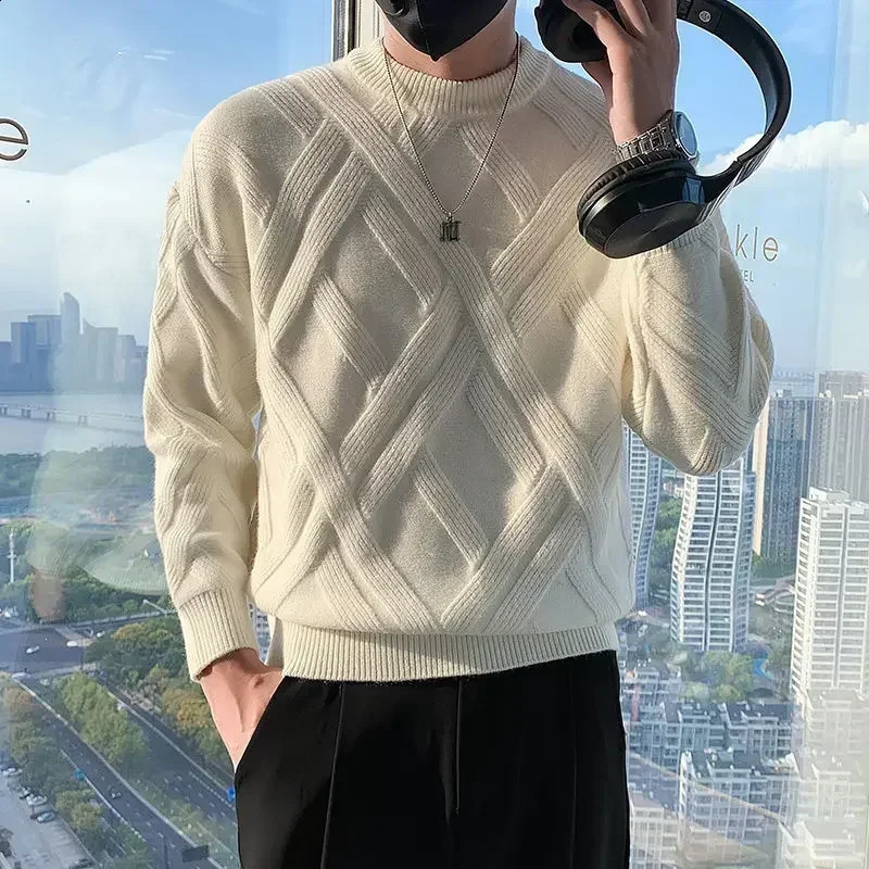 Man Clothes Crewneck Solid Color Knitted Sweaters for Men Green Plain Pullovers Round Collar Sheap Korean Style Order Loose Fit 240821