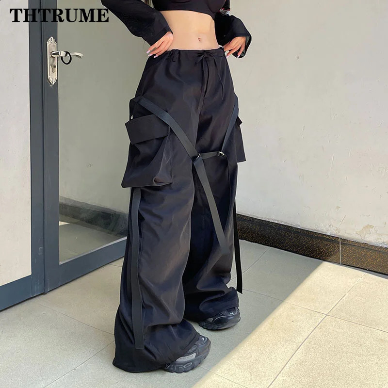 Women Fashion Oversized Pants High Street Vintage Y2K Pocket Elastic Waist Wide Leg Pant Casual Straight Cargo Baggy Trousers 240821