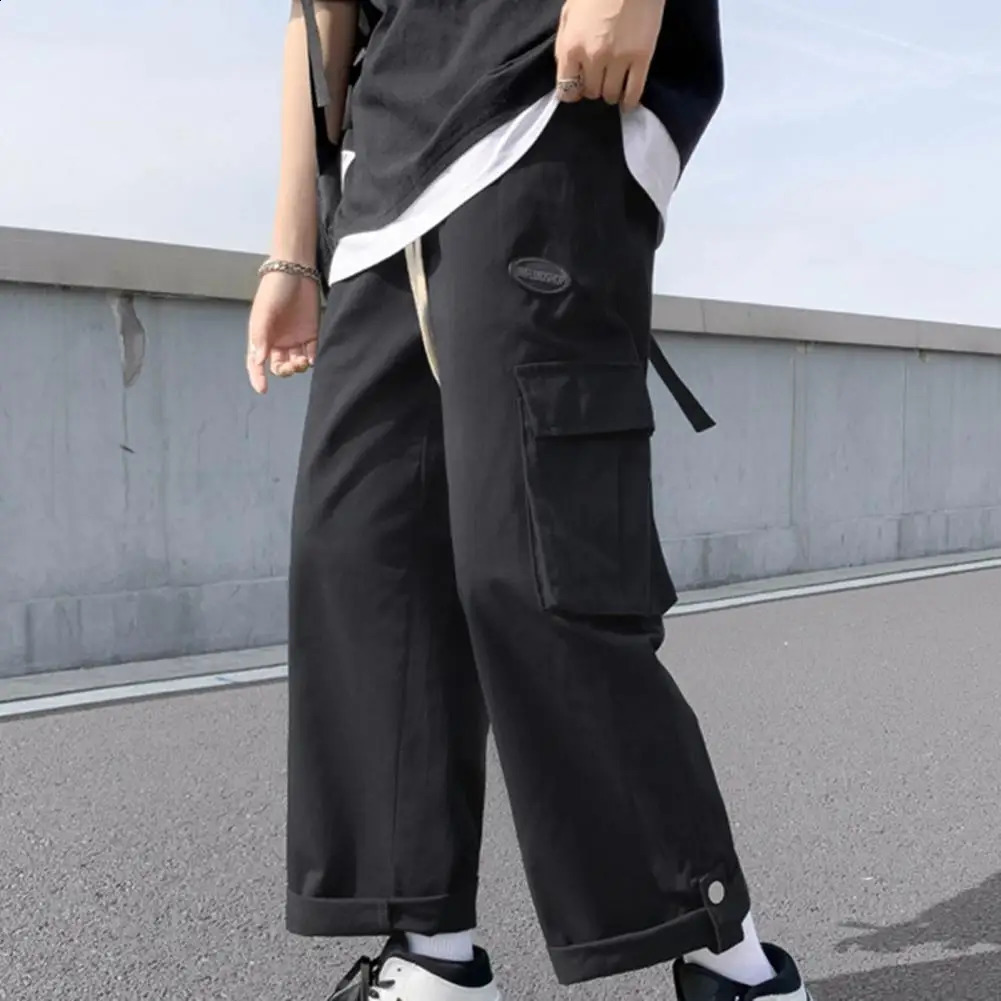 Mid-Rise Elastic Waist Drawstring Pockets Pants Men Straight Wide Leg Solid Color Casual Pants Streetwear pantalones hombre 240822