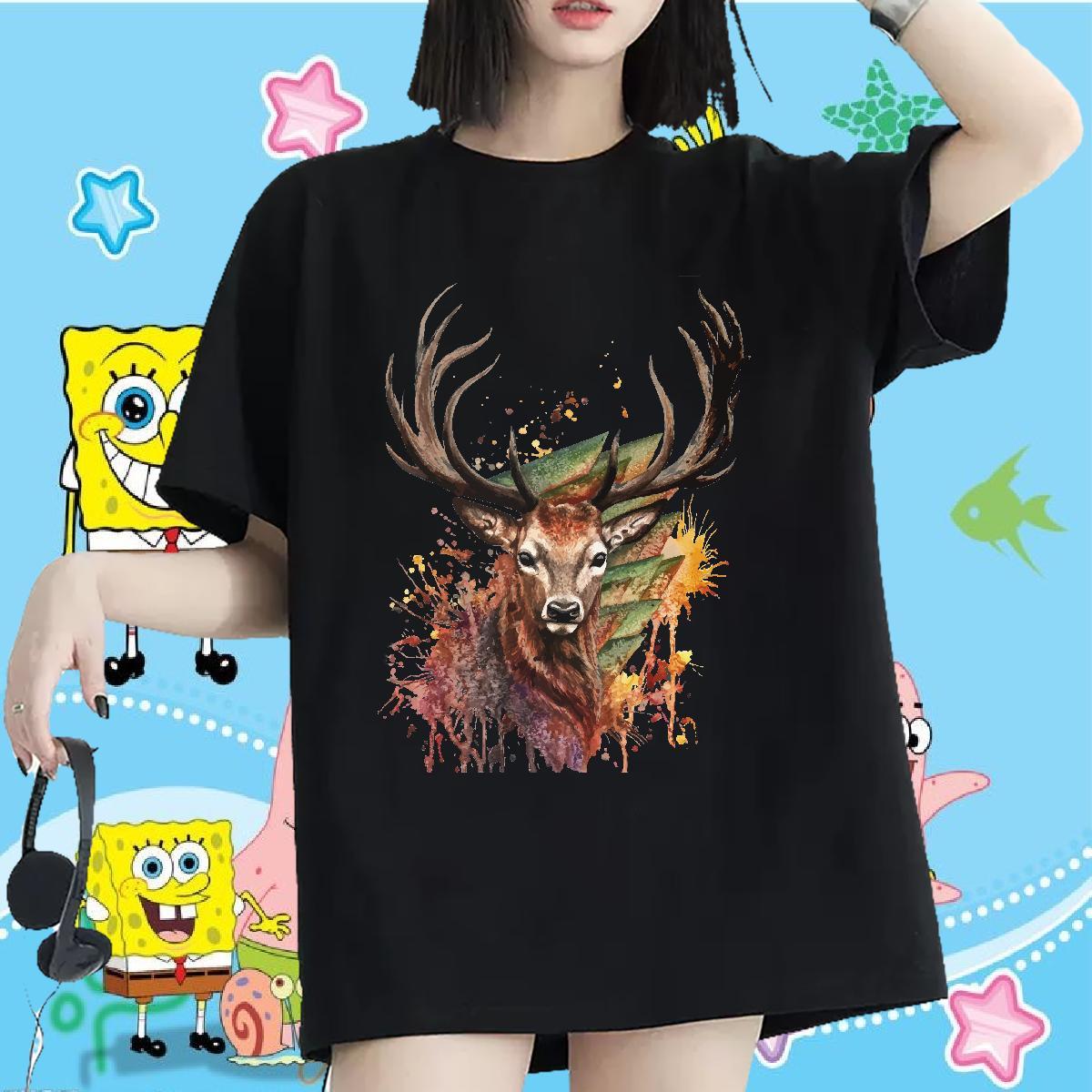 Fashion T Shirts Women Round Neck Short Sleeve 230g Pure Cotton Lady T shirt Custom Print Oversized Deer Casual Beach Female Polos