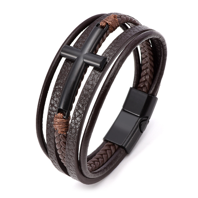New Cross Leather Bracelet Men's Multi layer Leather Rope Weaving Bracelet Men's Alloy Bracelet