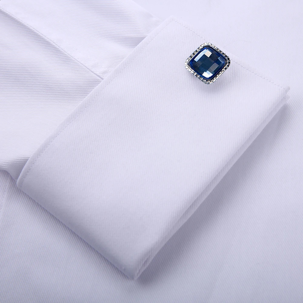 Mens Classic French Cuff Hidden Button Dress Shirt Long-sleeve Formal Business Standard-fit White Shirts Cufflinks Included 240822