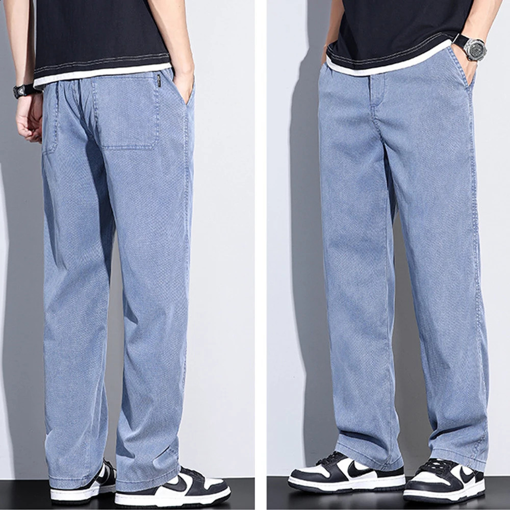 Summer Jeans for Men Thin Soft Lyocell Fabric Loose Straight Wide Leg Pants Elastic Waist Casual Trousers Plus Size M-5XL 240822