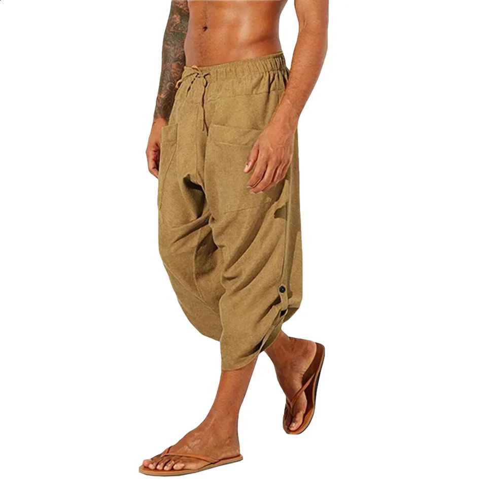 Vintage Pants For Men Baggy Large Pocket Cropped Trousers Streetwear Solid Color Loose Harem Casual Summer Pants Male 240822