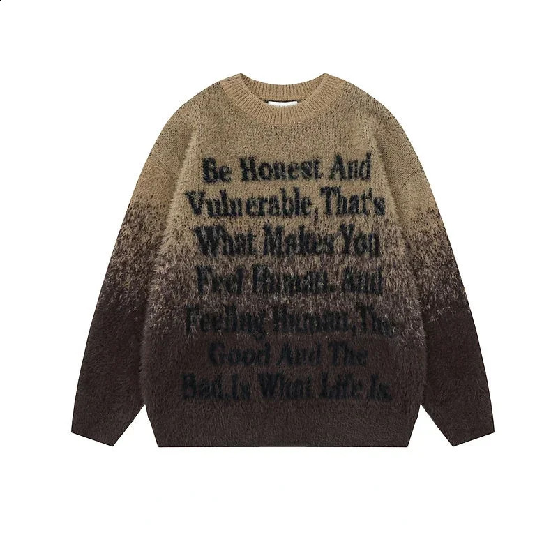 Hip hop gradient letter print knitted pullovers sweaters men and women fall and winter casual couple thickened oversize vintage 240821