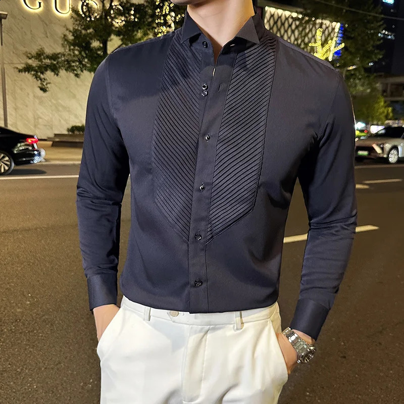 Mens Long-Sleeved Business Organ Pleated Shirt Royal Blue Banquet Gentleman Dress French Wing Collar Shirt 240822