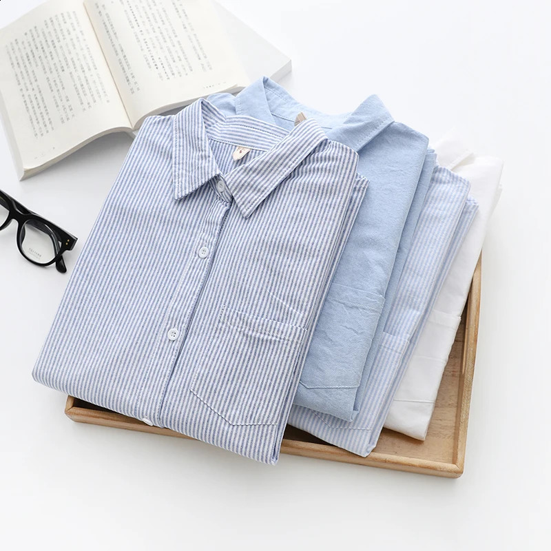 Casual Cotton Womens Oxford Shirt Autumn Good Quality Woman Blouse And Tops Lady White Blue Striped Shirts Clothes 24