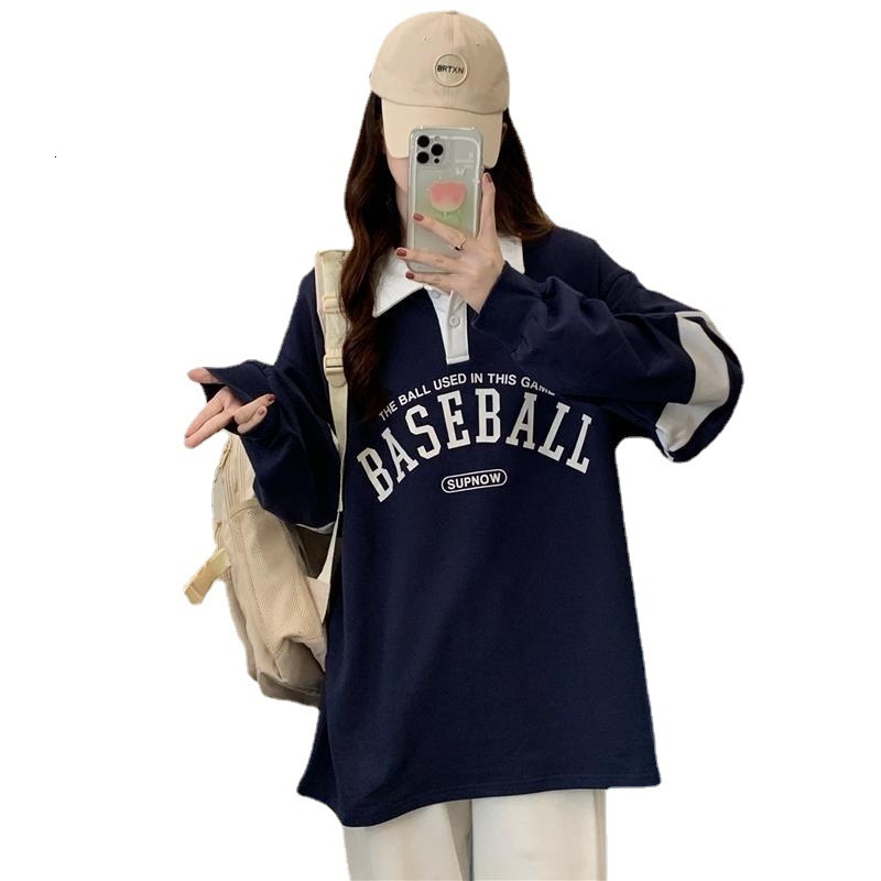 Polo collar loose hoodie design sense autumn new Korean version letter printed long sleeved top trend dongdumaoyi
