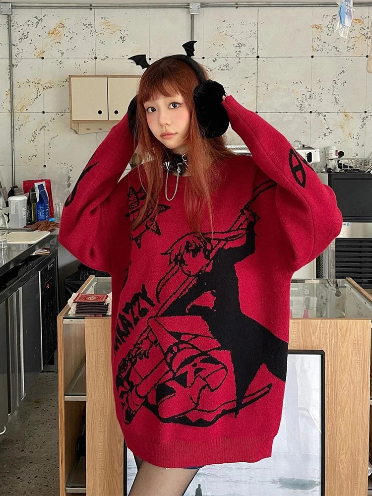 Y2K Harajuku Retro Cartoon Anime Knitted Sweater Mens Winter Super Large Rock Hip Hop Rap Jumping Womens Top 240821