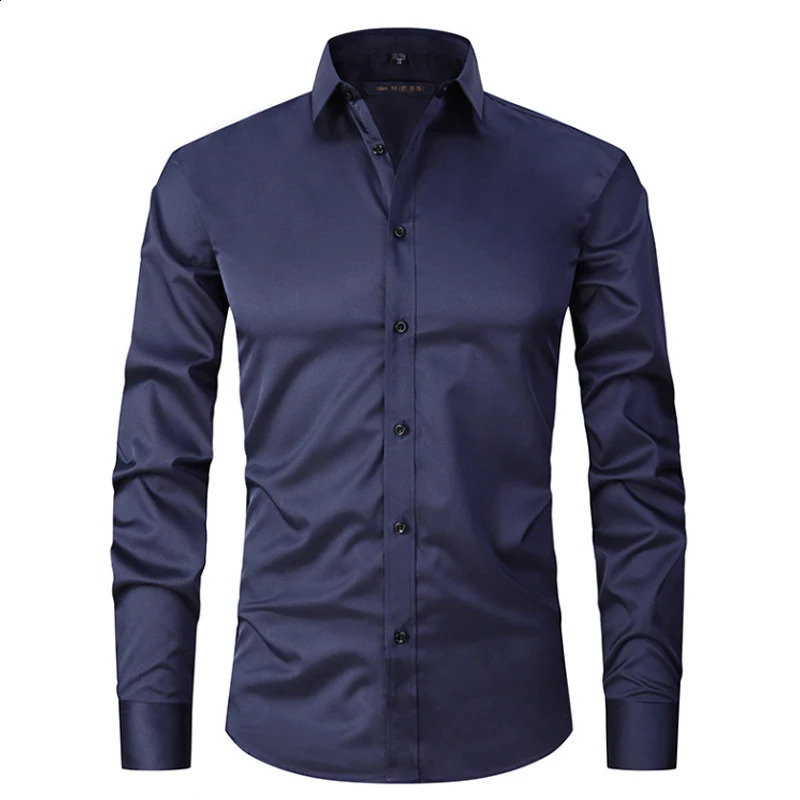 Mens Long-sleeved Business Casual Shirt Solid Color Slim Non Iron White Black Blue Formal Dress Shirts Easy Care 240822