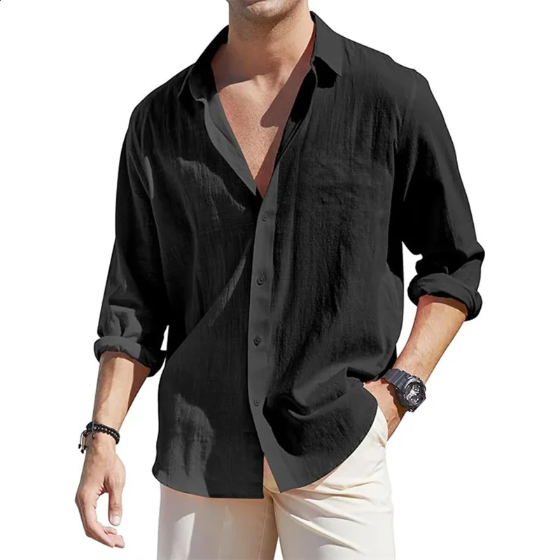 European and American mens loose long sleeved linen shirt mens business casual button up shirt lightweight and breathable va 240822