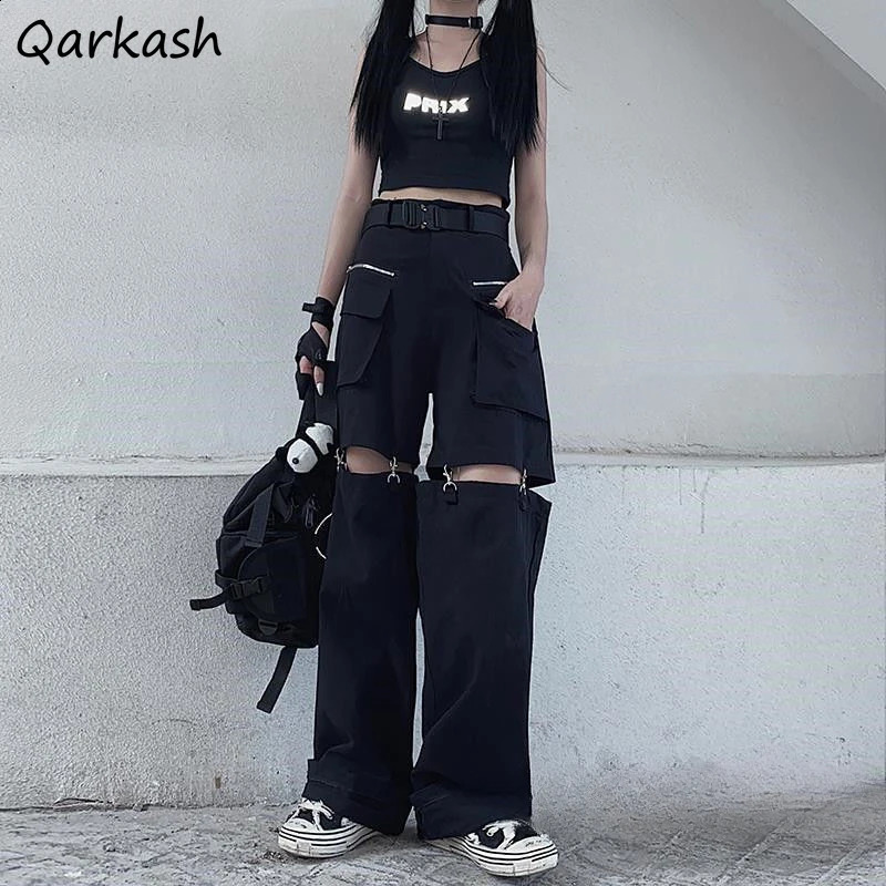 Black Pants Women Full-length Straight Wide Legs Cargo Hip Hop Holes Korean Fashion Baggy Y2k Zipper Pockets Patchwork Stylish 240821