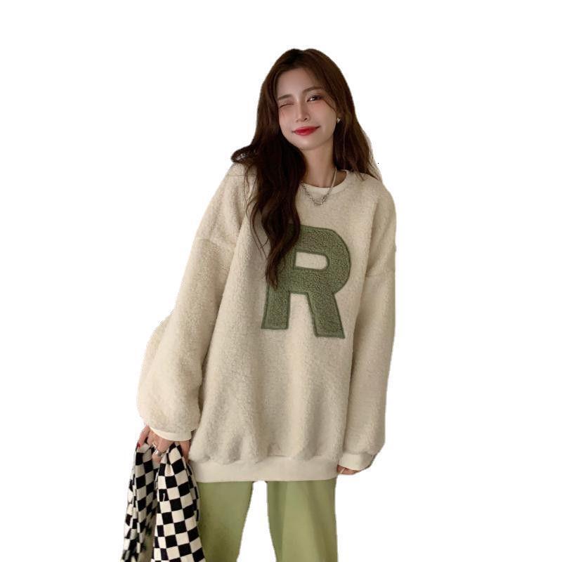 autumn and winter new imitation lamb wool letter thick warm round neck long sleeved sweatshirt for women with lazy style loose top dongdumaoyi