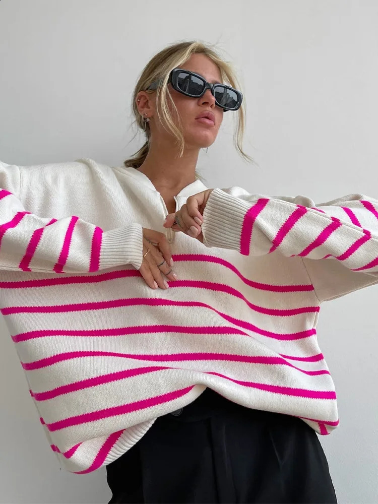 Winter Fashion Style Striped Knit Pullover Sweater Half Zip Ladies Casual Pullover Knitted Tops Women Sweater 240821