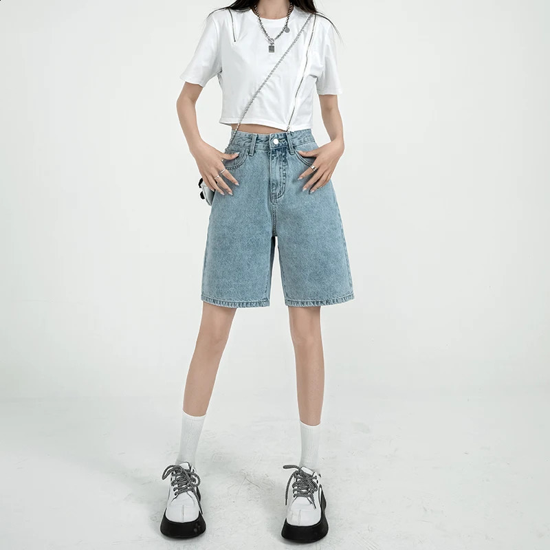 Retro Denim Shorts for Women Summer High Waist Five-point Pants Loose Straight A-line Half Pants Korean Style Clothing 240821