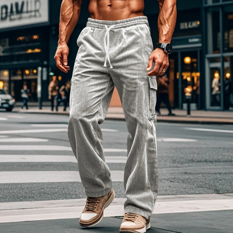 Men Vintage Solid Color Drawstring Stitch Pockets Trousers Male 2024 Sweatpants Streetwear Autumn Loose Corduroy Cargo Pants 240821