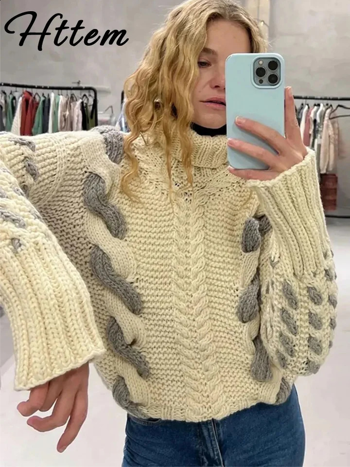 Lazy High Neck Knit Pullover Women Loose Kink Contrast Long Sleeve Sweater Female 2024 Autumn Lady All Match Jumpers 240821