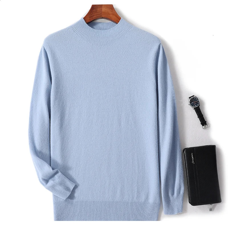 AutumnWinter 100% Pure Wool Casual Solid Color Mens Half High Collar Fashion Trend Knitted Bottom Sweater 240821