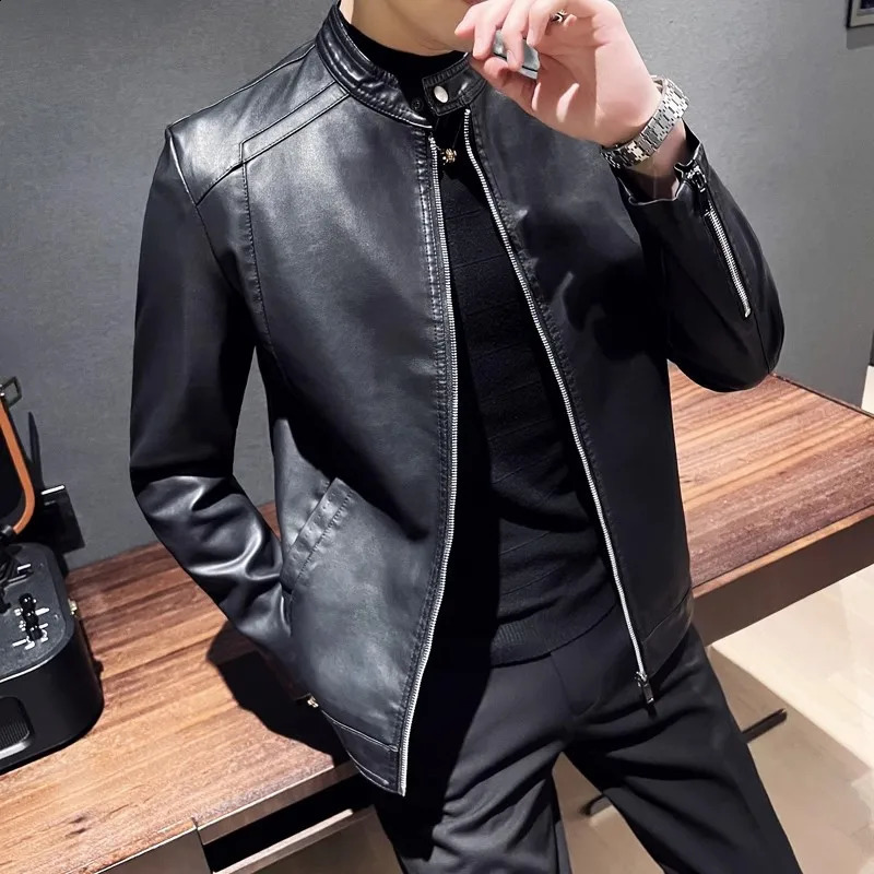 Men Leather Jacket Classic Slim Fit Motorcycle PU Leather Jacket Solid Color Standing Collar Men Large Black Leather Jacket 240822