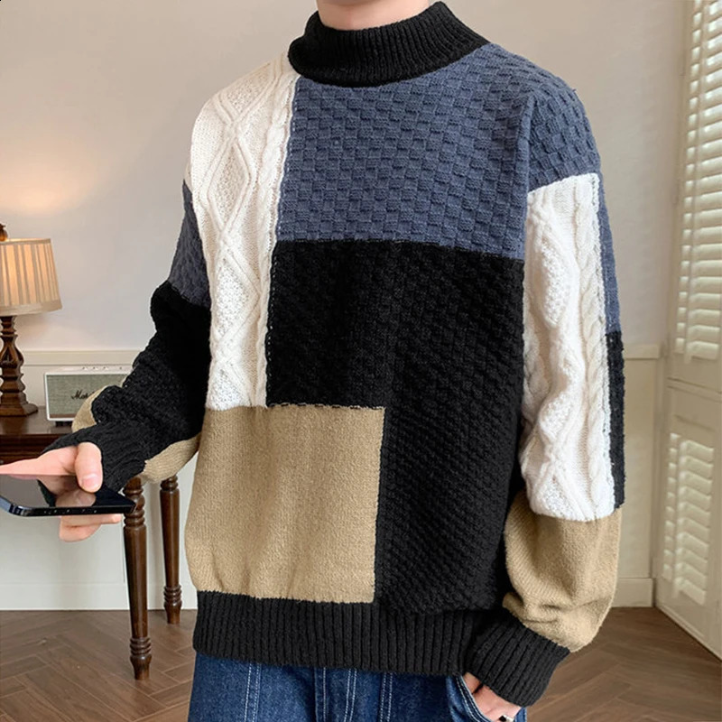 Vintage Patchwork Mens Sweater Pullovers Autumn Winter Fashionable Contrast Color Knitted Slim Jumpers Men Daily Casual Sweaters 240821