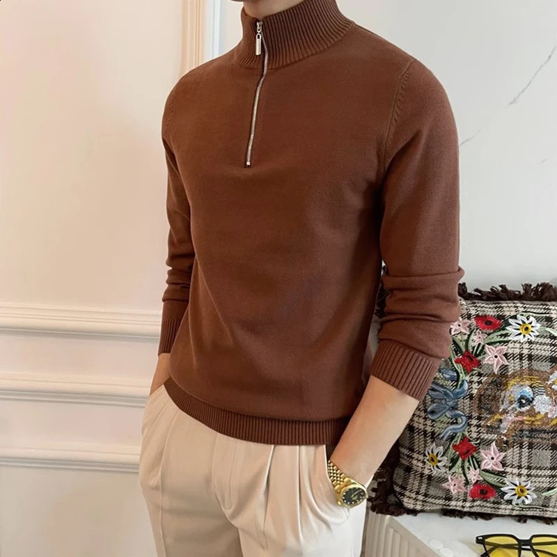 autumn fashion standing collar sweater mens long sleeved zipper ultrathin jumping top winter casual solid color 240821