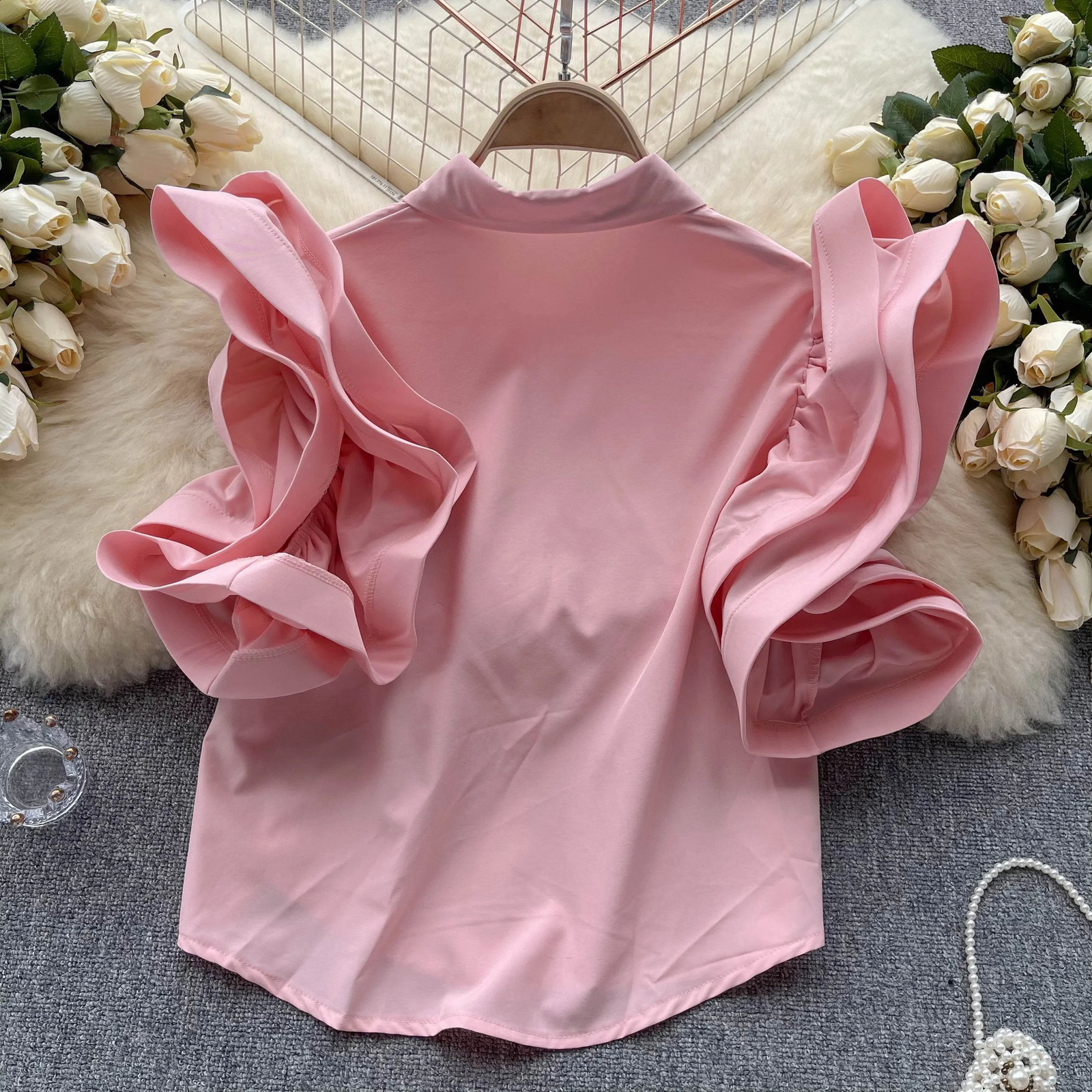 Elegant Blouse Top Women Turn-down Collar Short Sleeve Blouses Woman Solid French Chic Camisas Retro Ruffles Drop