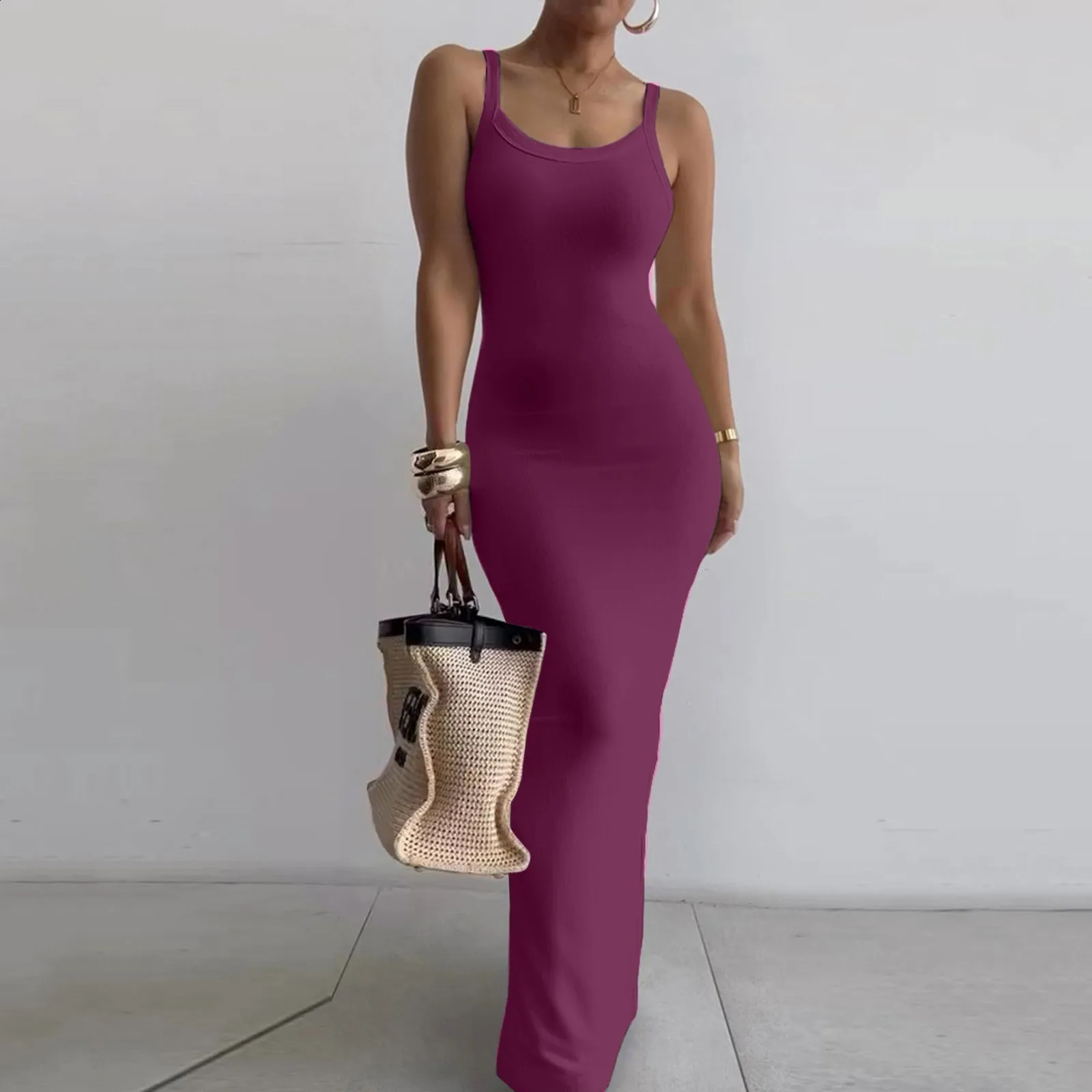 Womens Bodycon Maxi Dress Summer Sleeveless Long Dress For Beach Holiday Vacation Robes Femmes Solid Color Slim Fit Dresses 240822
