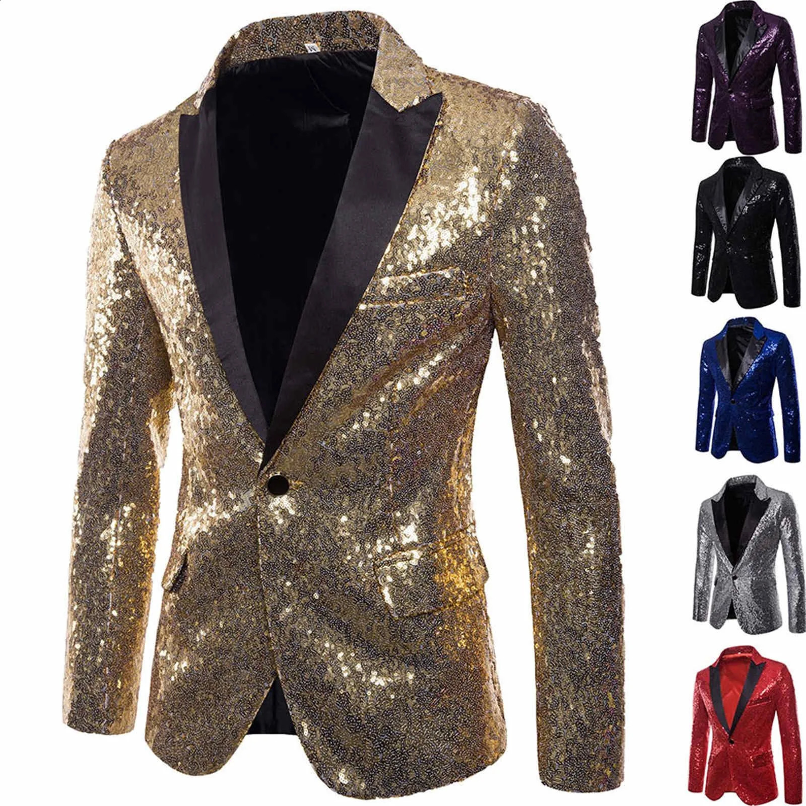 Shiny Sequin Suit Jacket Mens Stage Performance Coat White Silver Blue Red Purple Blazers Vneck Single Button 26893259 240821