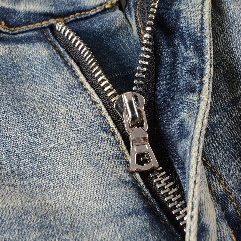 Mens Cracked Patch Biker Jeans Streetwear Patchwork Skinny Tapered Pants Vintage Stretch Denim Ripped Distressed Trousers 240821