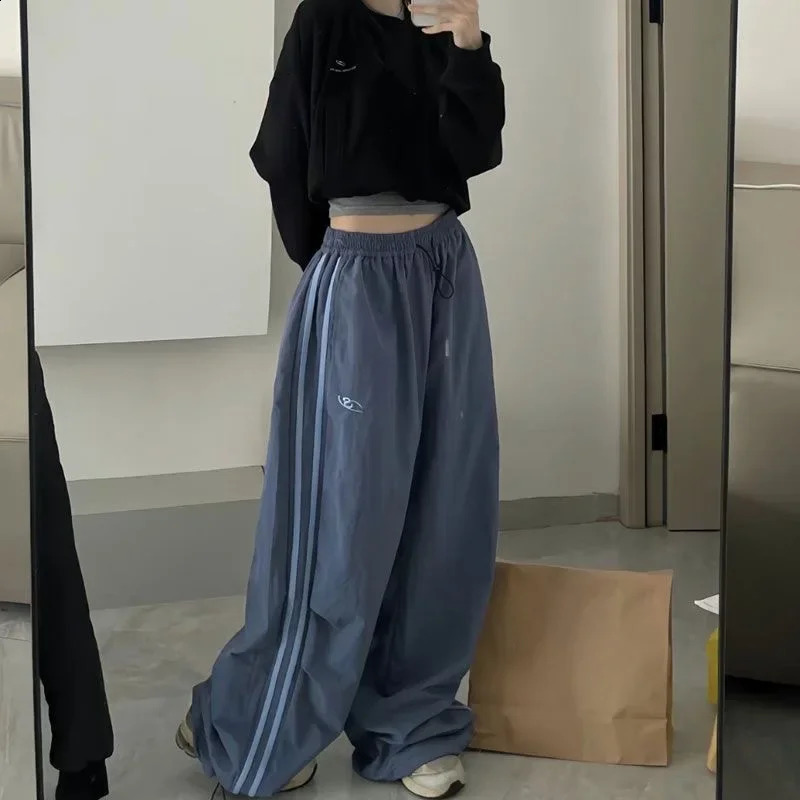Women Cargo Pants Vintage Streetwear Baggy Wide Leg Sweatpants Casual Drawstring Oversize Pockets Tech Fashion Trousers Y2K 240821